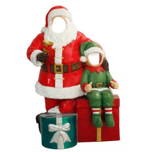 Large Fiberglass Santa w/Elf Photo Op, 75"