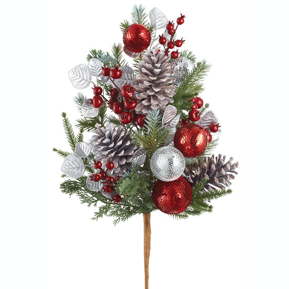Sequin Ball/Berry/Pine Cone/Pine Spray, 27" (Red & Silver)