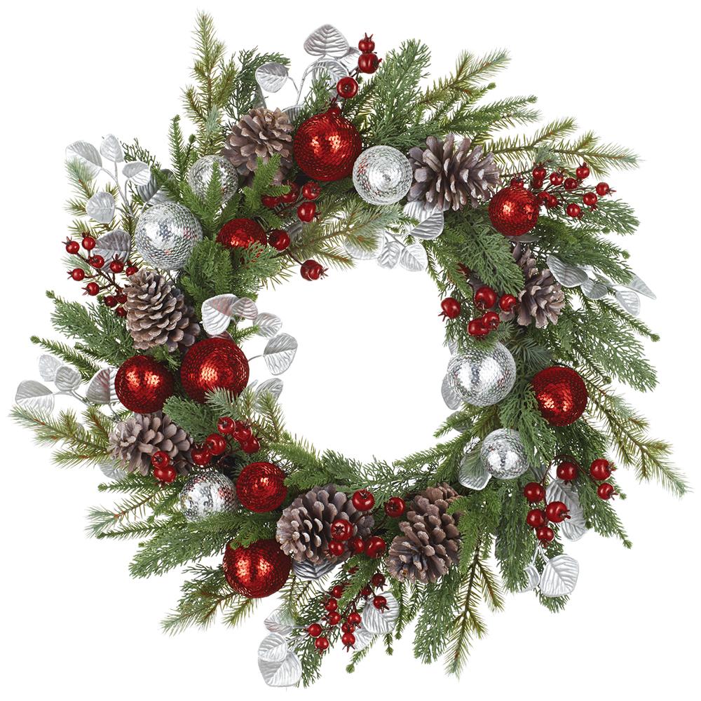 Sequin Ball/Berry/Pine Cone/Pine Wreath, 26" (Red & Silver)