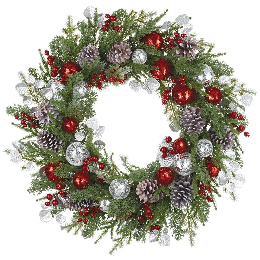Sequin Ball/Berry/Pine Cone/Pine Wreath, 32" (Red & Silver)