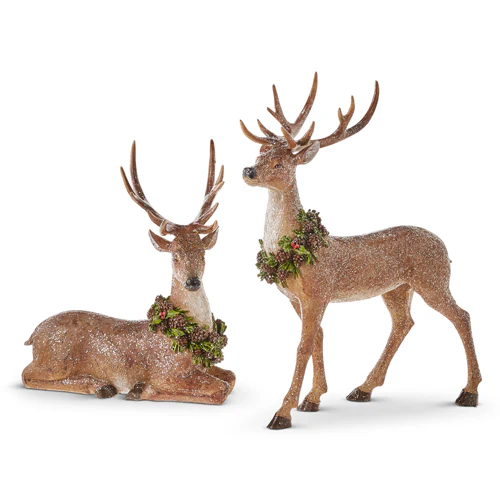 Brown Glittered Deer w/ Wreath Figurines, 16" (Set of 2)