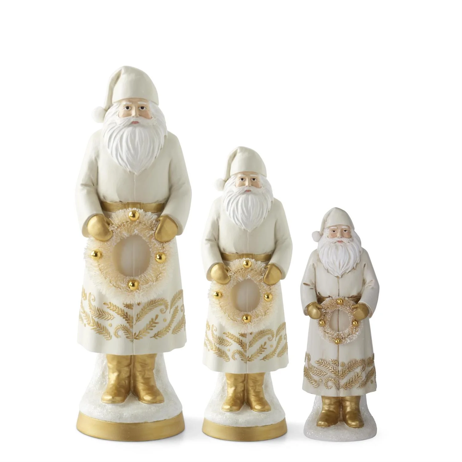 Cream Resin Santa Holding Wreath Figurines, 7.5" - 15.25" (Set of 3)