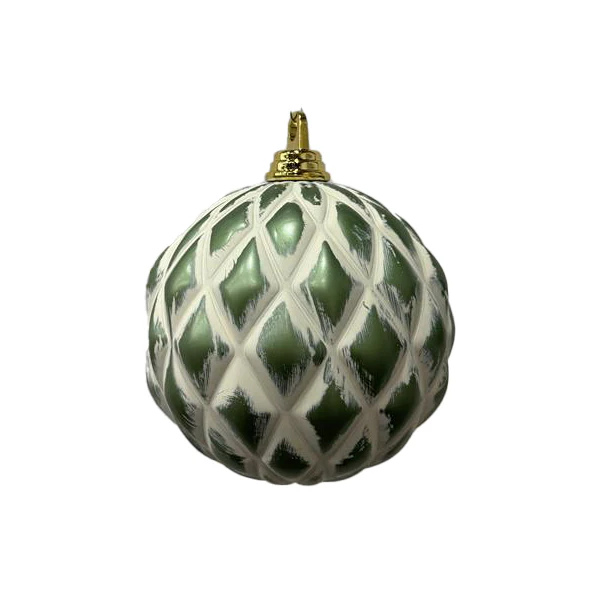 Shatterproof Plastic Green w/Beige Design Ball Ornament, 4” (100mm)