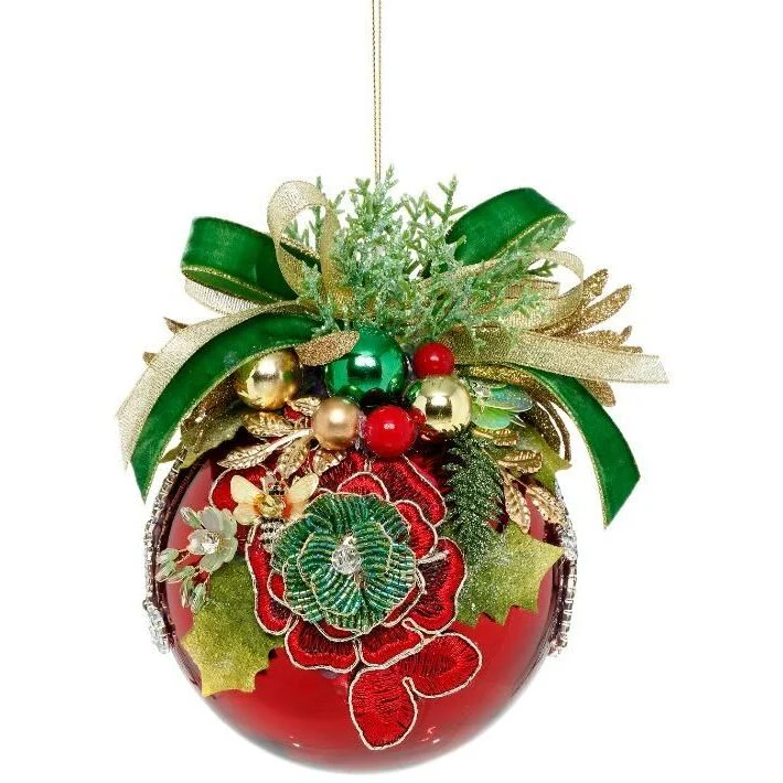 Shiny Floral Jeweled Ball Ornament, 5" (Red)