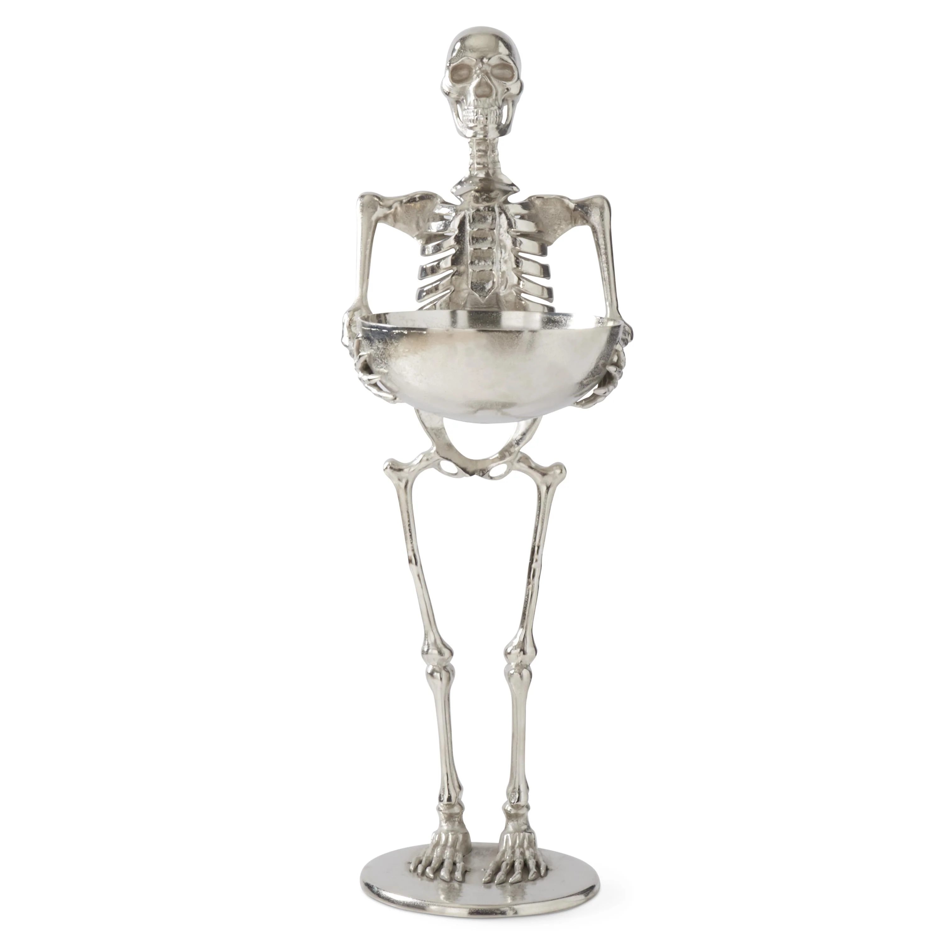 Silver Metal Skeleton Holding Bowl Figure, 48"