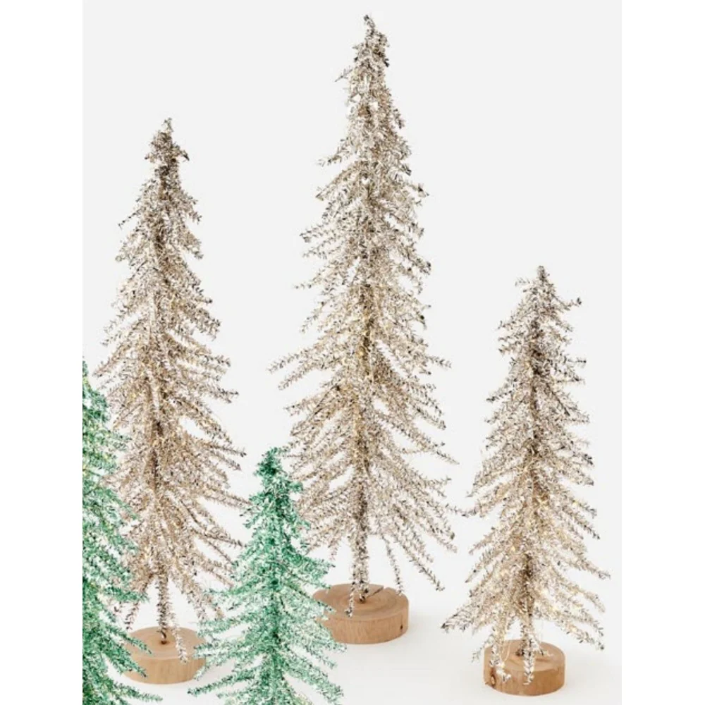 Silver Tinsel Trees w/LED Lights & Adapter, 20 - 30" (Set of 3)