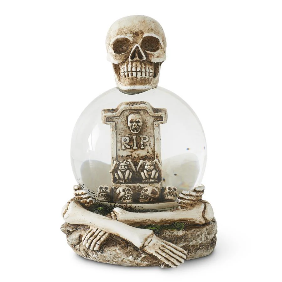 Skeleton Water Globe w/Tombstone & Glitter Bats, 6.5"