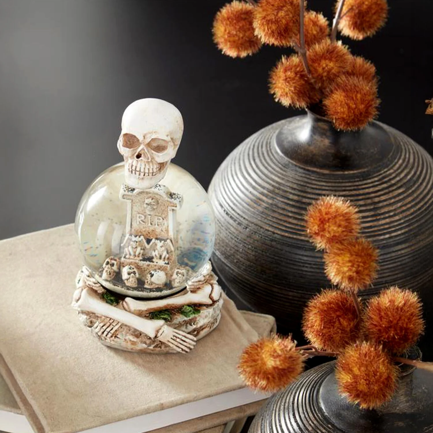 Skeleton Water Globe w/Tombstone & Glitter Bats, 6.5" - Image 2