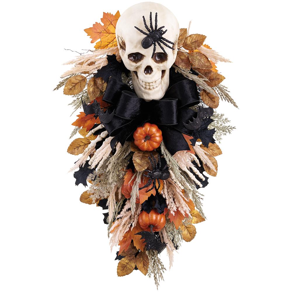 Skull/Skelton/Pumpkin Door Swag, 32" (Orange/Black)