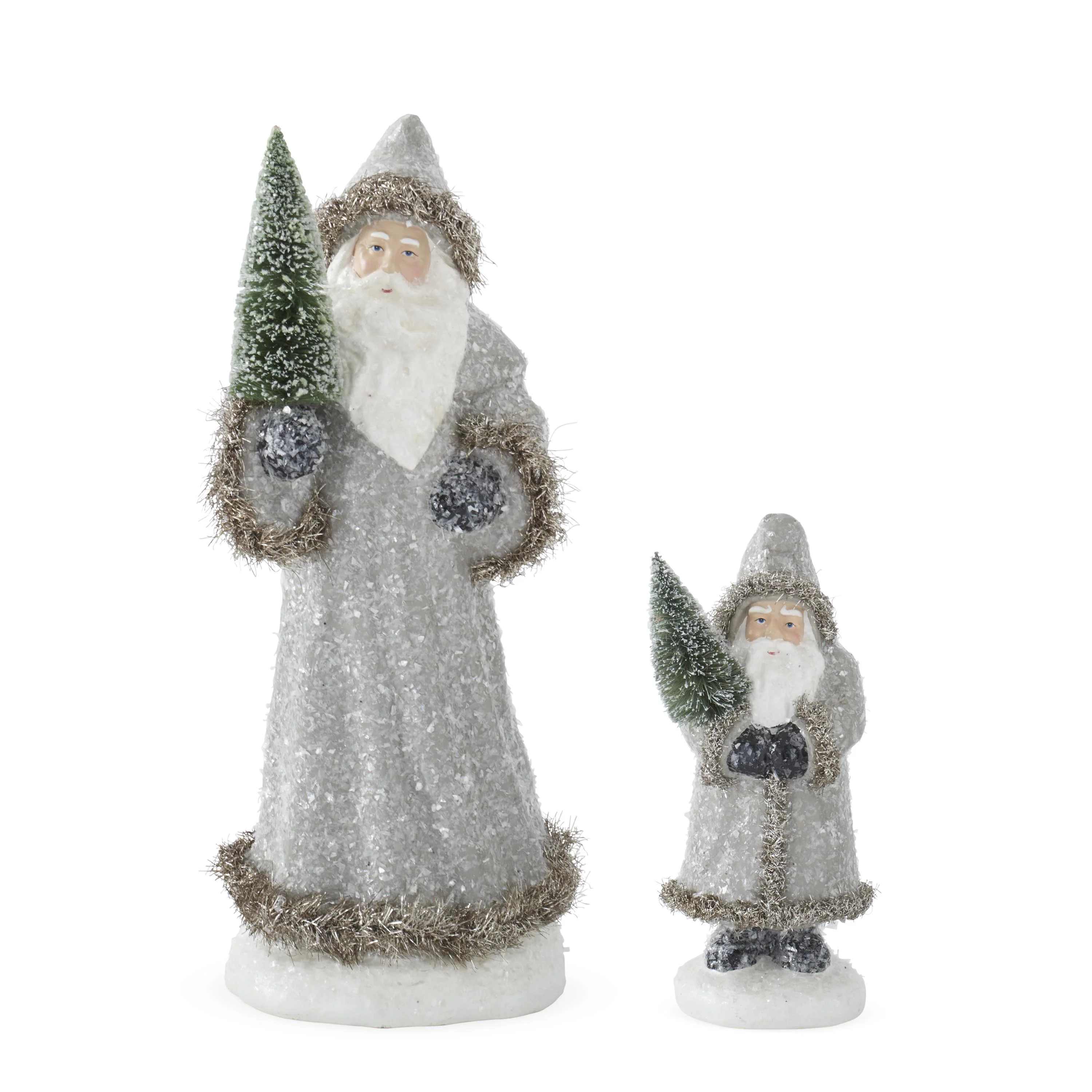 Snowy Gray Coat Santas Holding Bottle Bristle Trees, 9.25 - 16" (Set of 2)