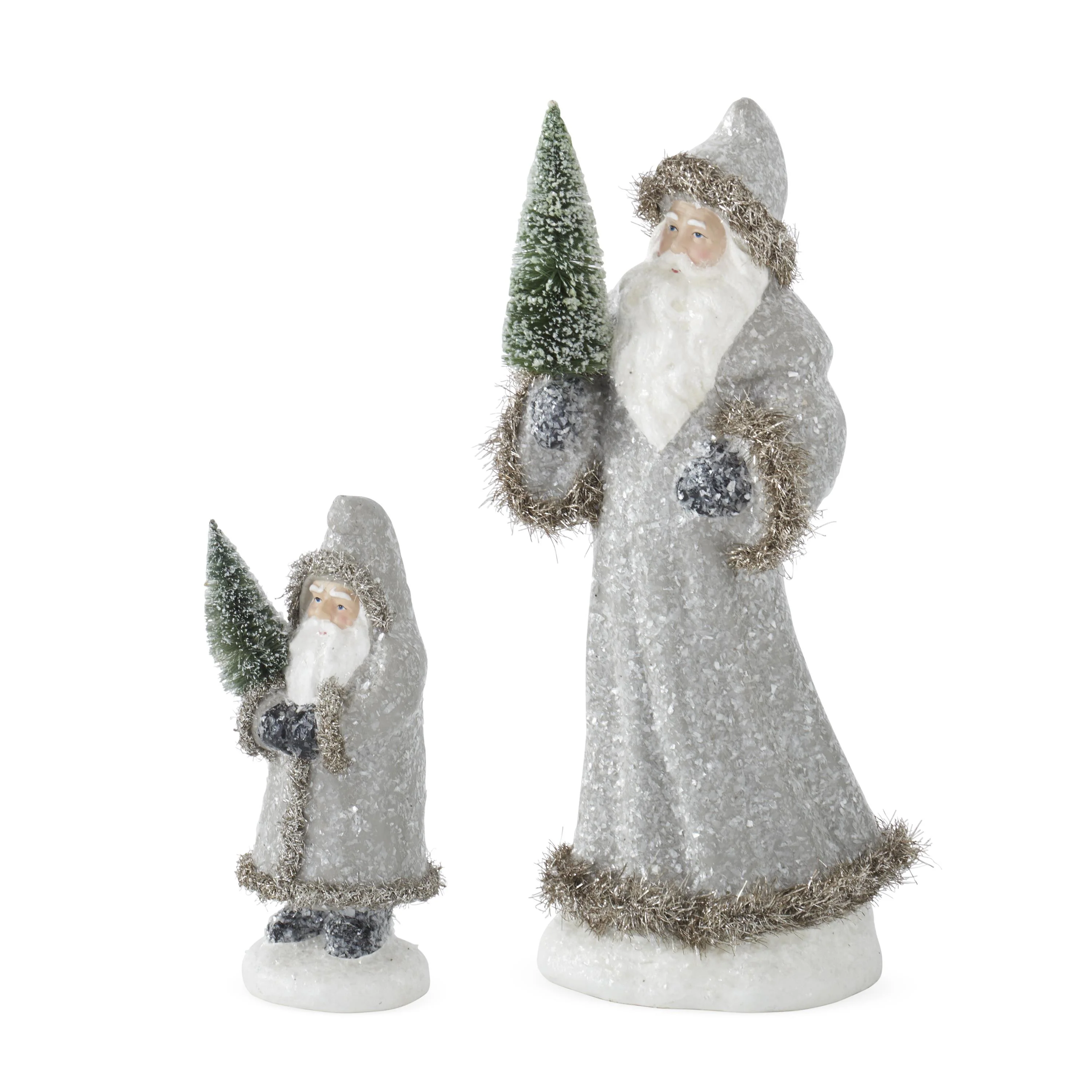 Snowy Gray Coat Santas Holding Bottle Bristle Trees, 9.25 - 16" (Set of 2) - Image 2