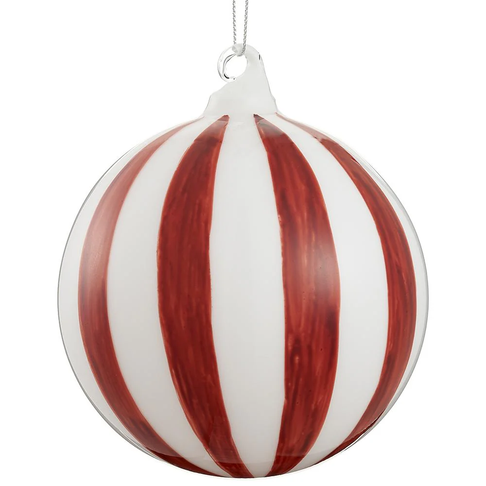 Stripped Glass Ball Ornament, 4.75" (White & Red)