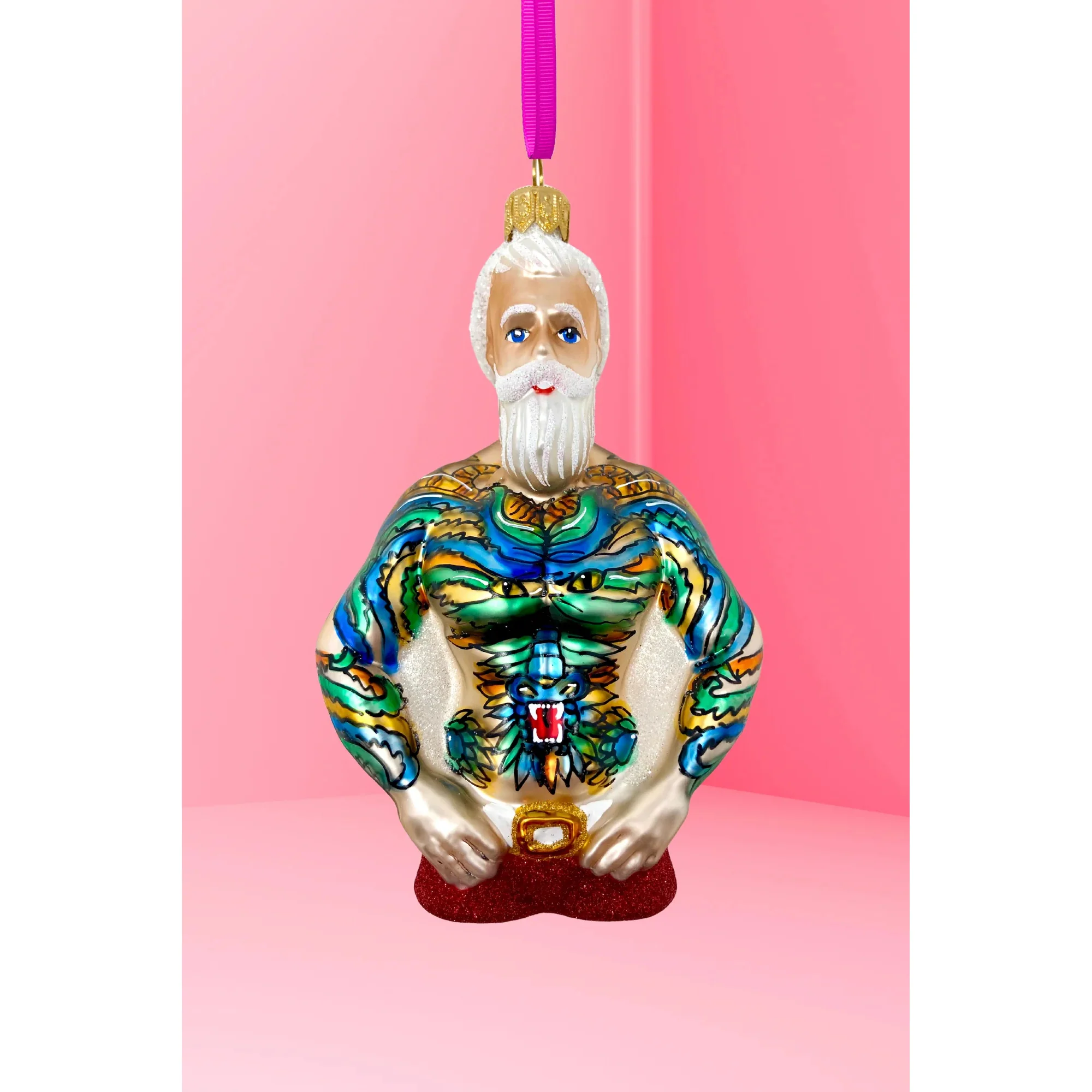 Tattoo Santa Glass Christmas Ornament, 5.5"