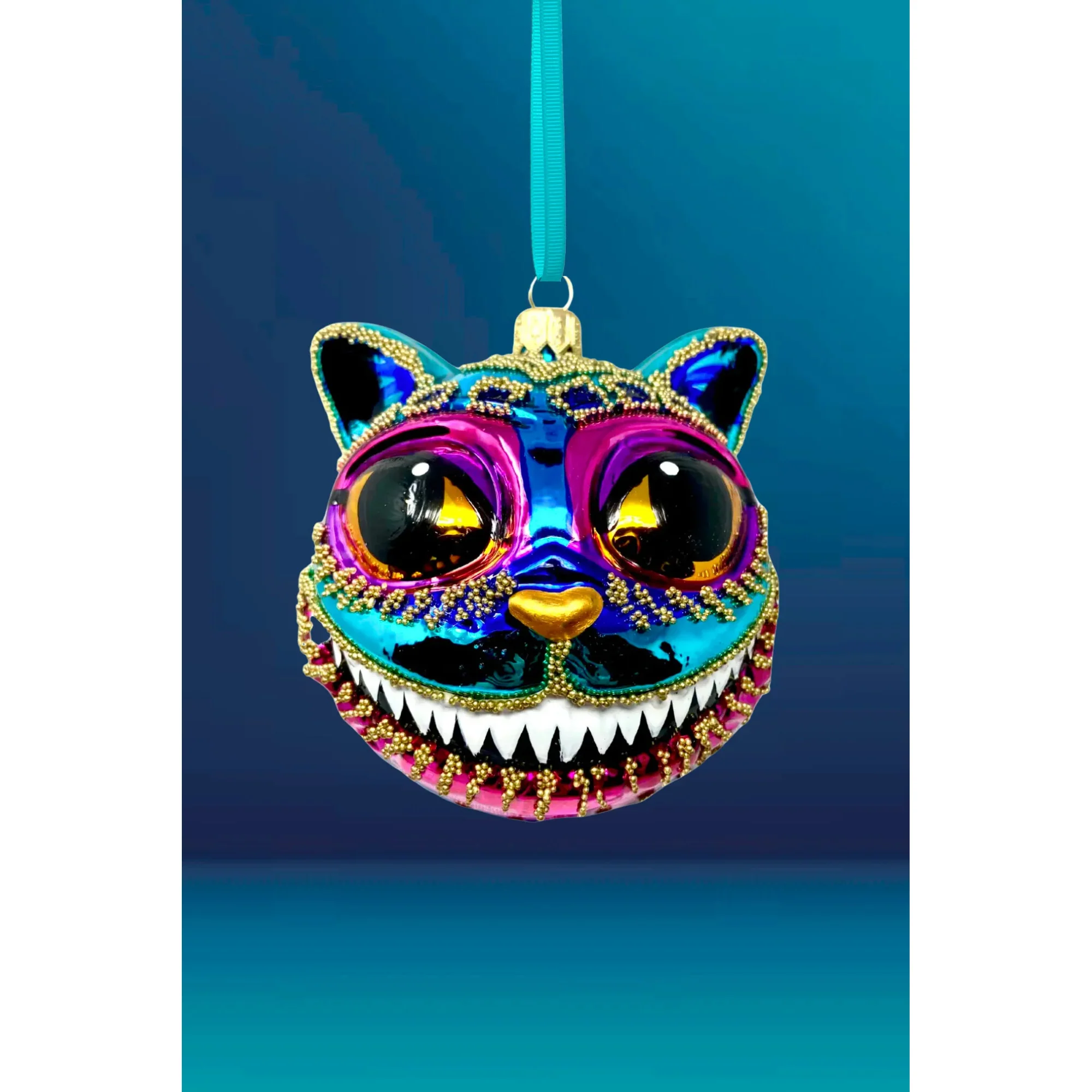 Teal Cheshire Cat Glass Ornament, 4"