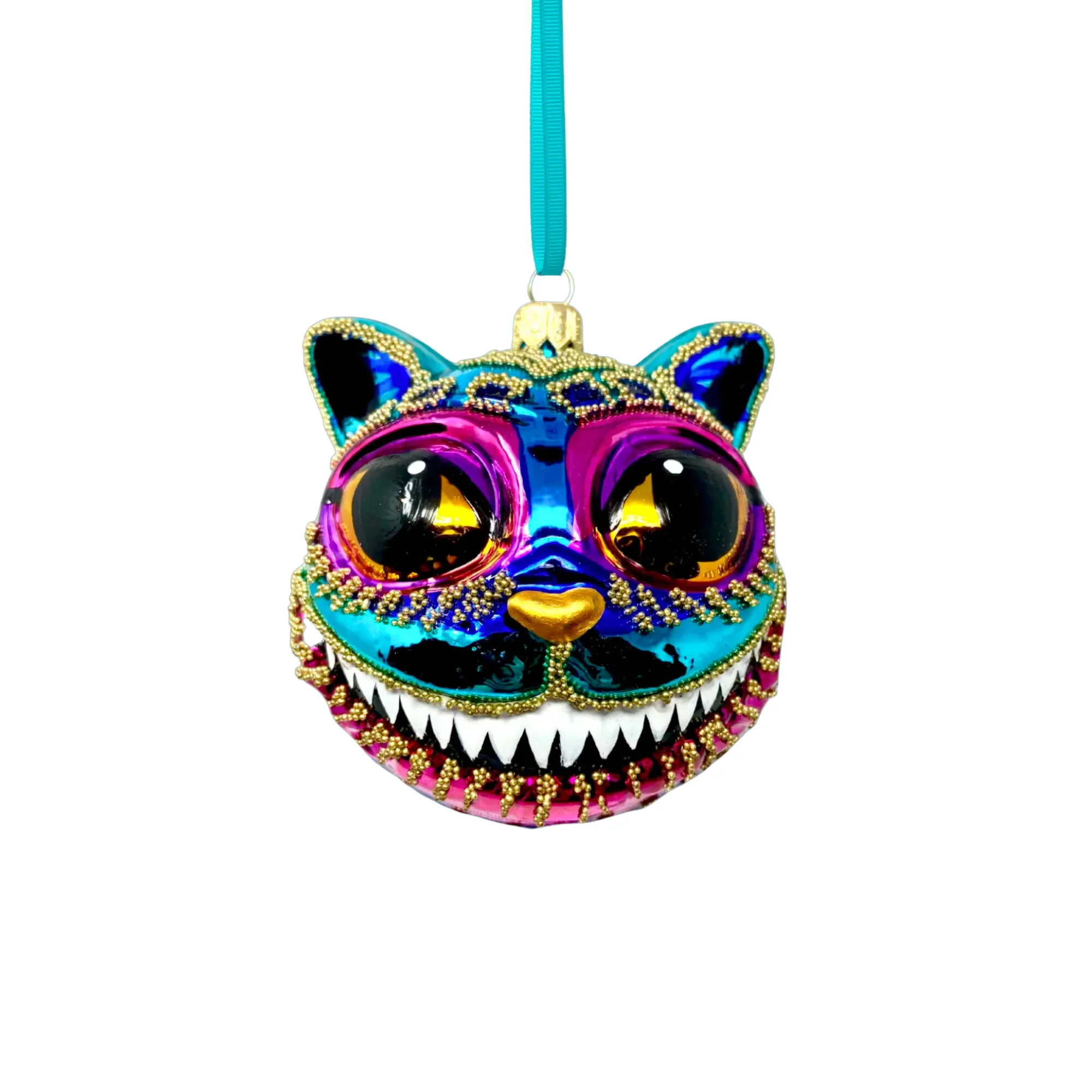 Teal Cheshire Cat Glass Ornament, 4" - Image 2