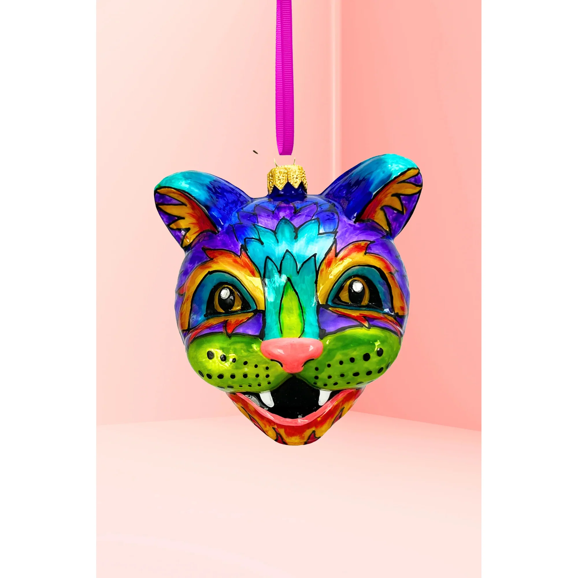 Technicolor Cat Polish Glass Ornament, 4.25"