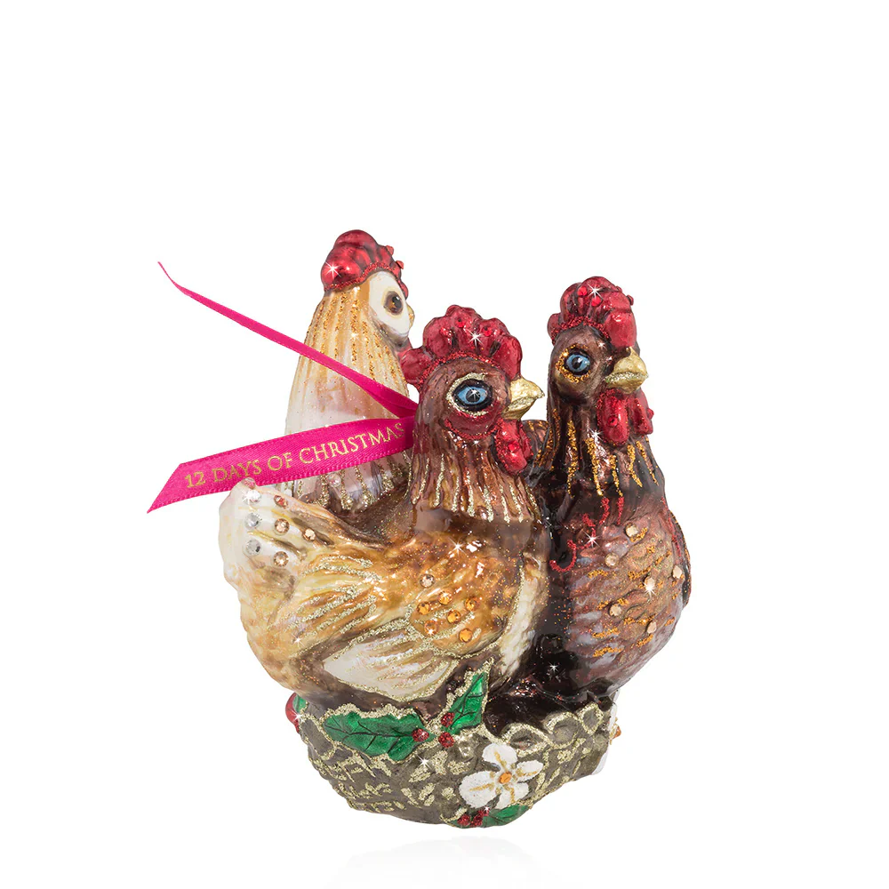 Three French Hens Glass Ornament, 5.75"