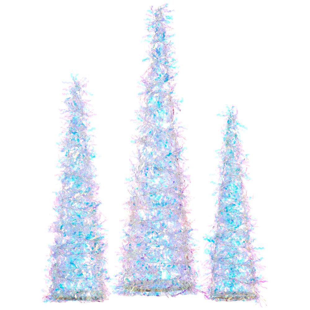Tinsel Cone Topiary Set, 14.5" - 23" (Set of 3, Iridescent)