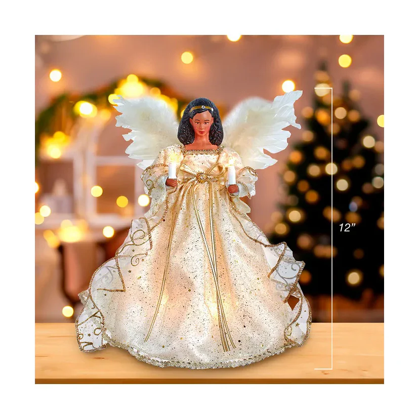 UL 10-Light Ivory & Gold African American Angel Treetop, 12" - Image 9