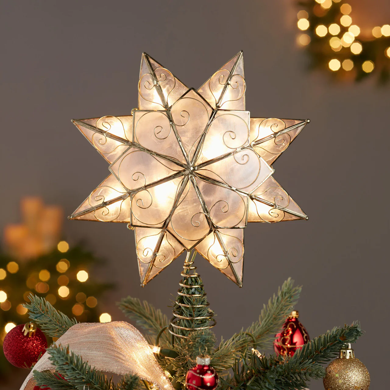 UL 10L 8-Point Capiz Gold Star With Arabesque Decoration Treetop, 9.27" - Image 2