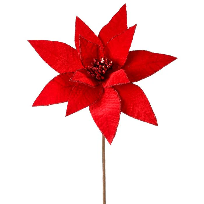 Velvet Glit Edge Jeweled Poinsettia Stem, 24" (Red)