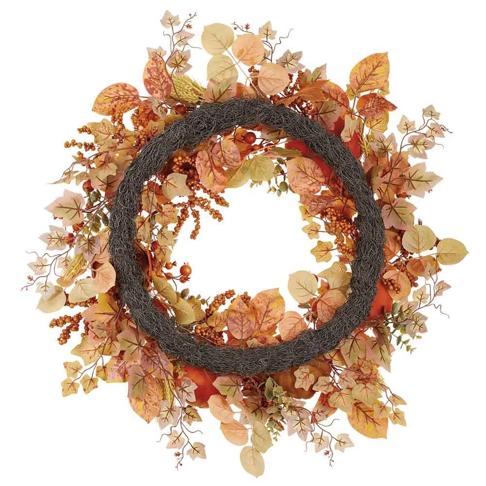 Velvet Pumpkin/Berry/ Plastic Wheat Wreath, 30" (Orange & Green) - Image 2