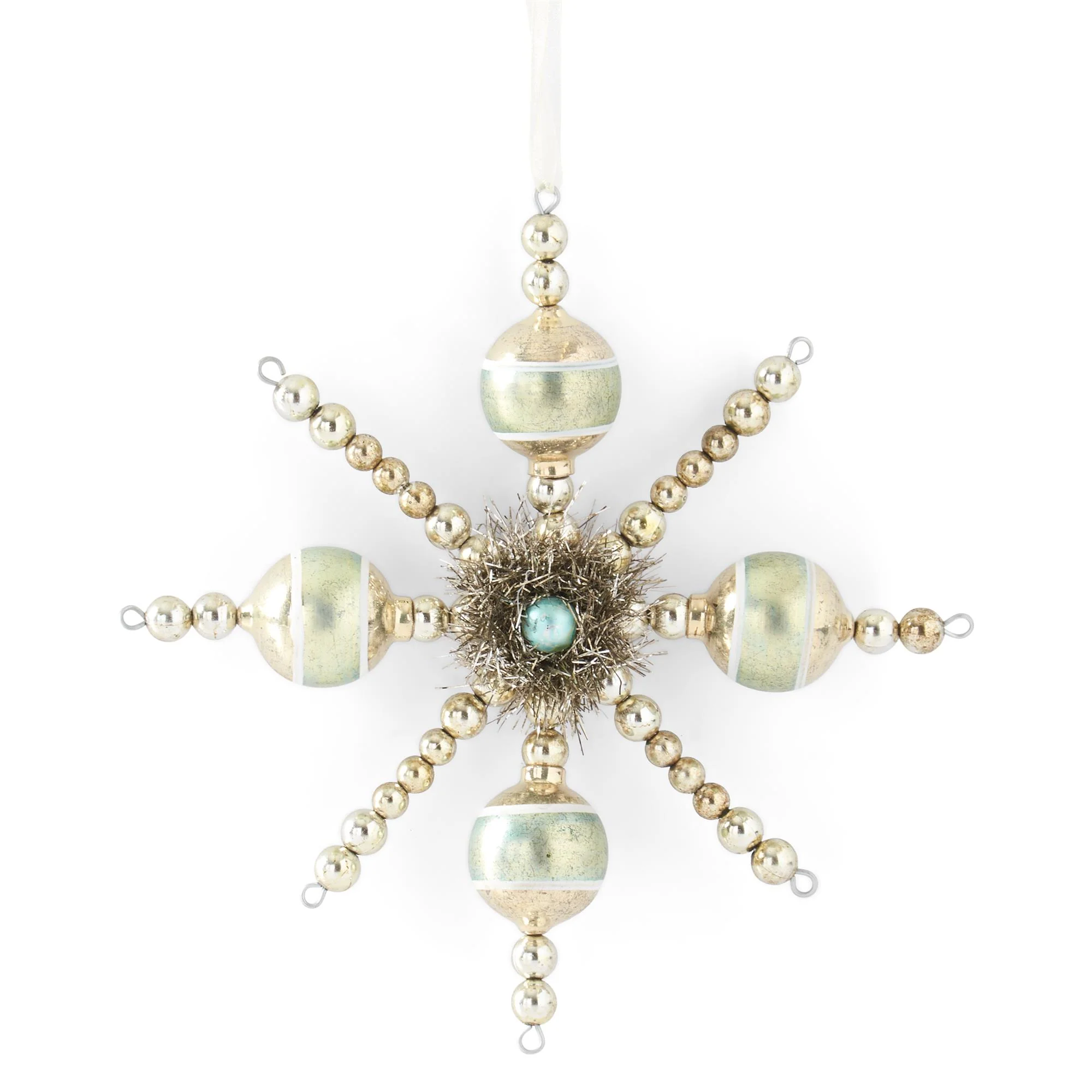 Vintage Snowflake Ornament w/ Tinsel, 7" (Champagne & Aquamarine)