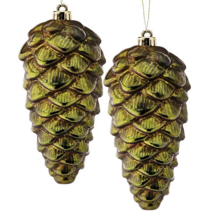 VP Metallic Pine Cone Ornament, 10" (Set of 2) (Antique Green)