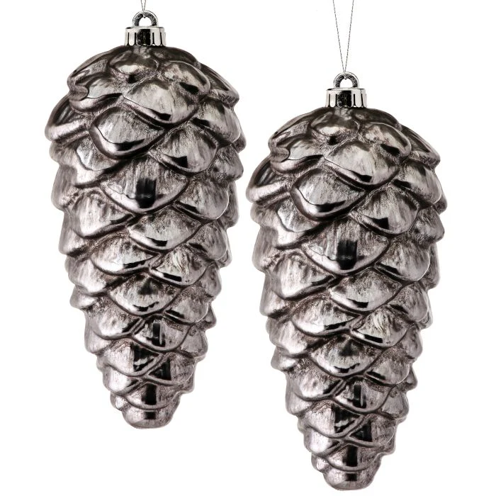 VP Metallic Pine Cone Ornament, 10" (Set of 2) (Antique Pewter)