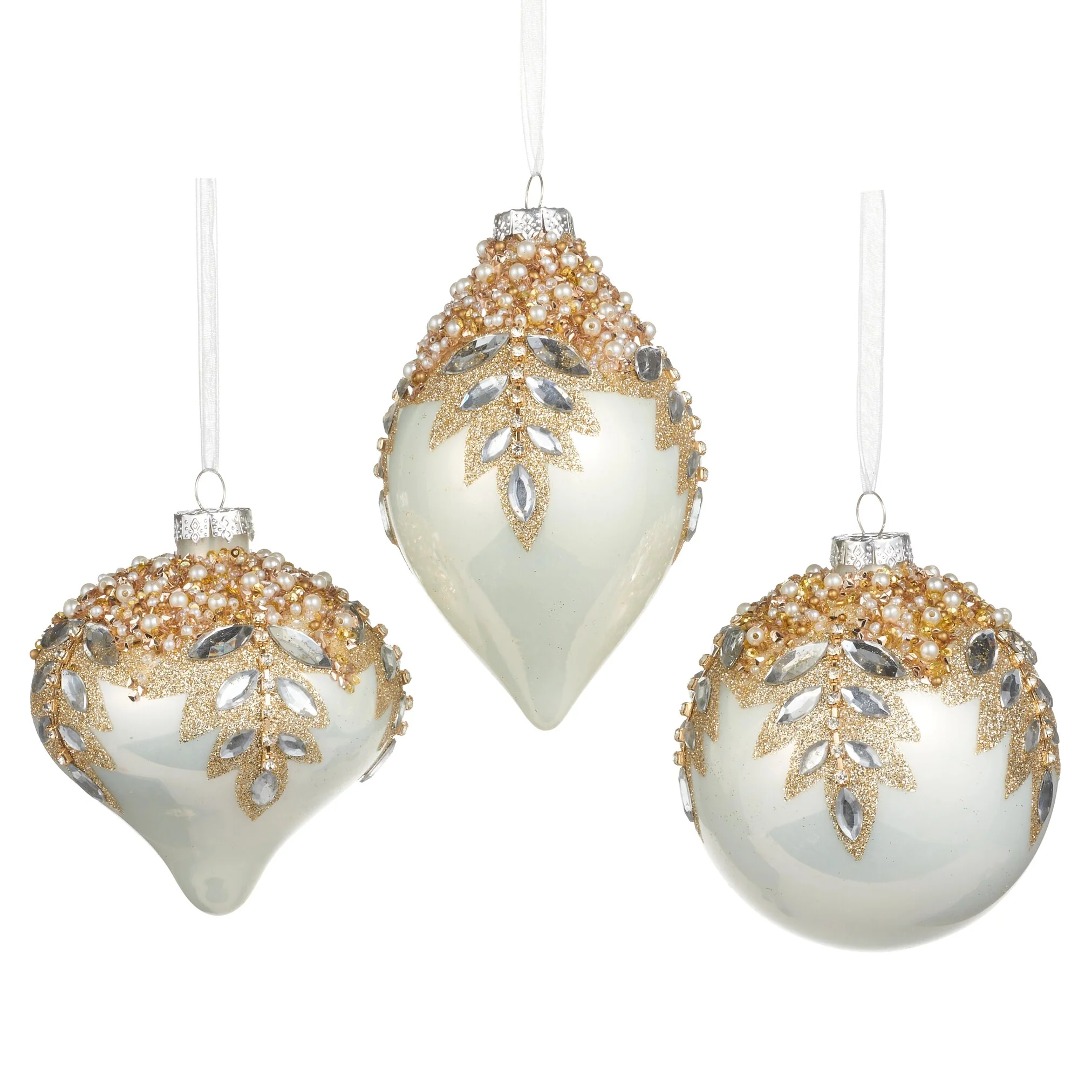 White Gem Encrusted Glass Ornament, 4" - 5" (3 styles - sold individually)
