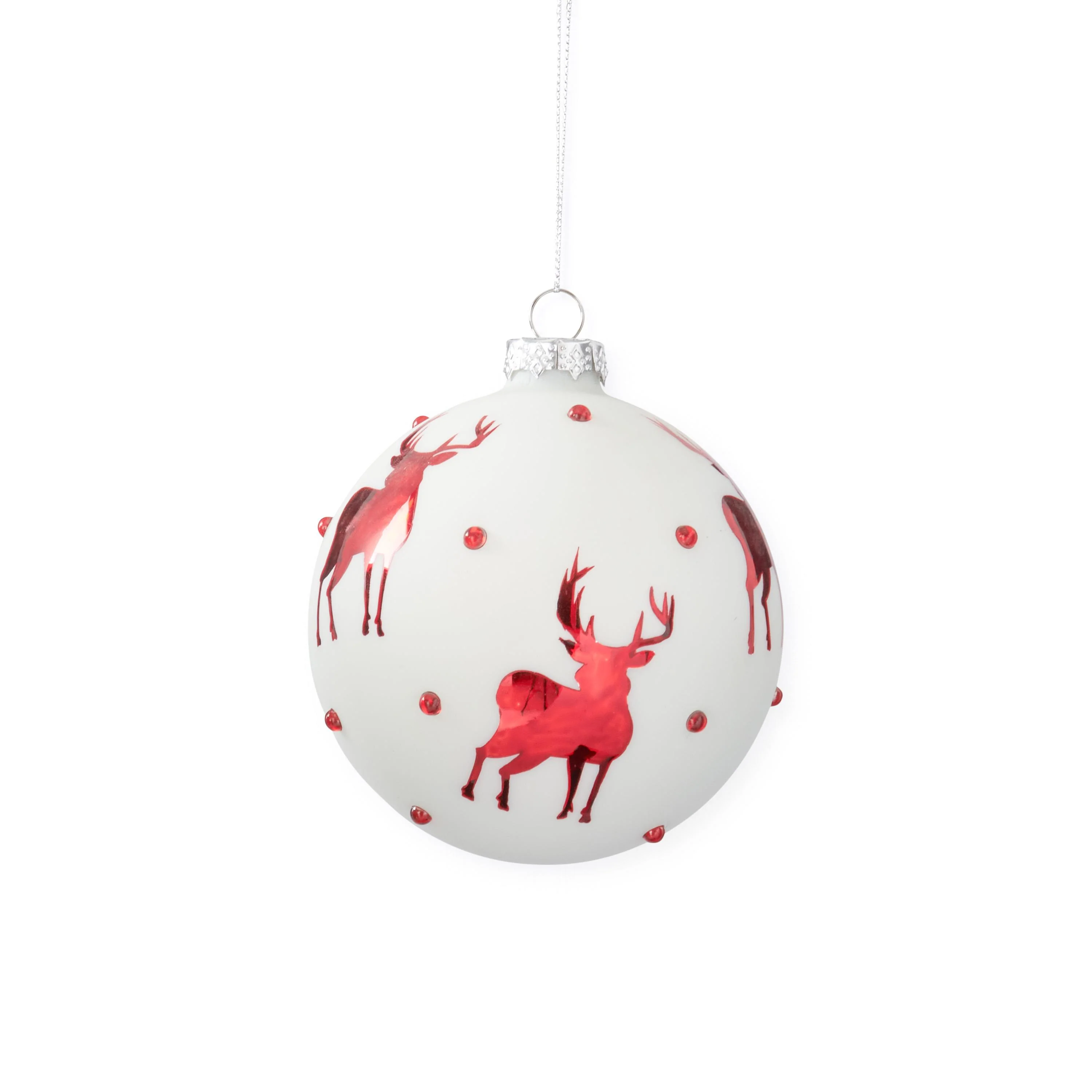 White Glass Ornament w/ Red Reindeer & Crystals, 4.5"