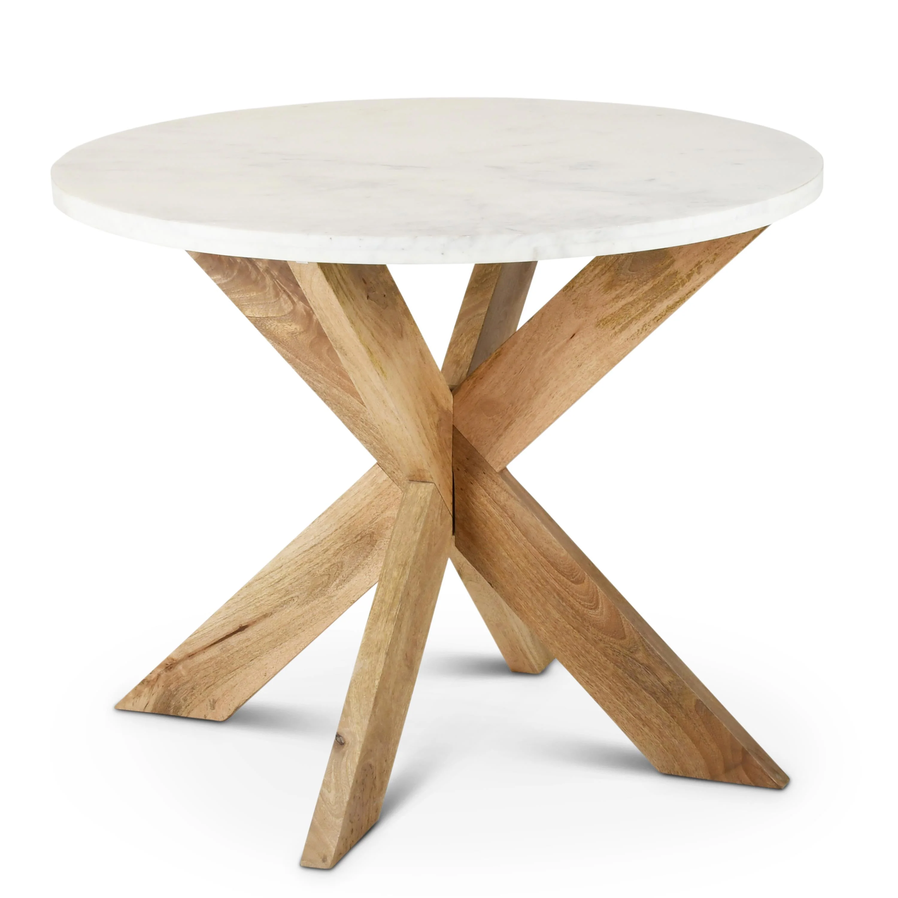 White Marble Top Table w/ Natural Mango Wood Cross Buck Legs, 32"