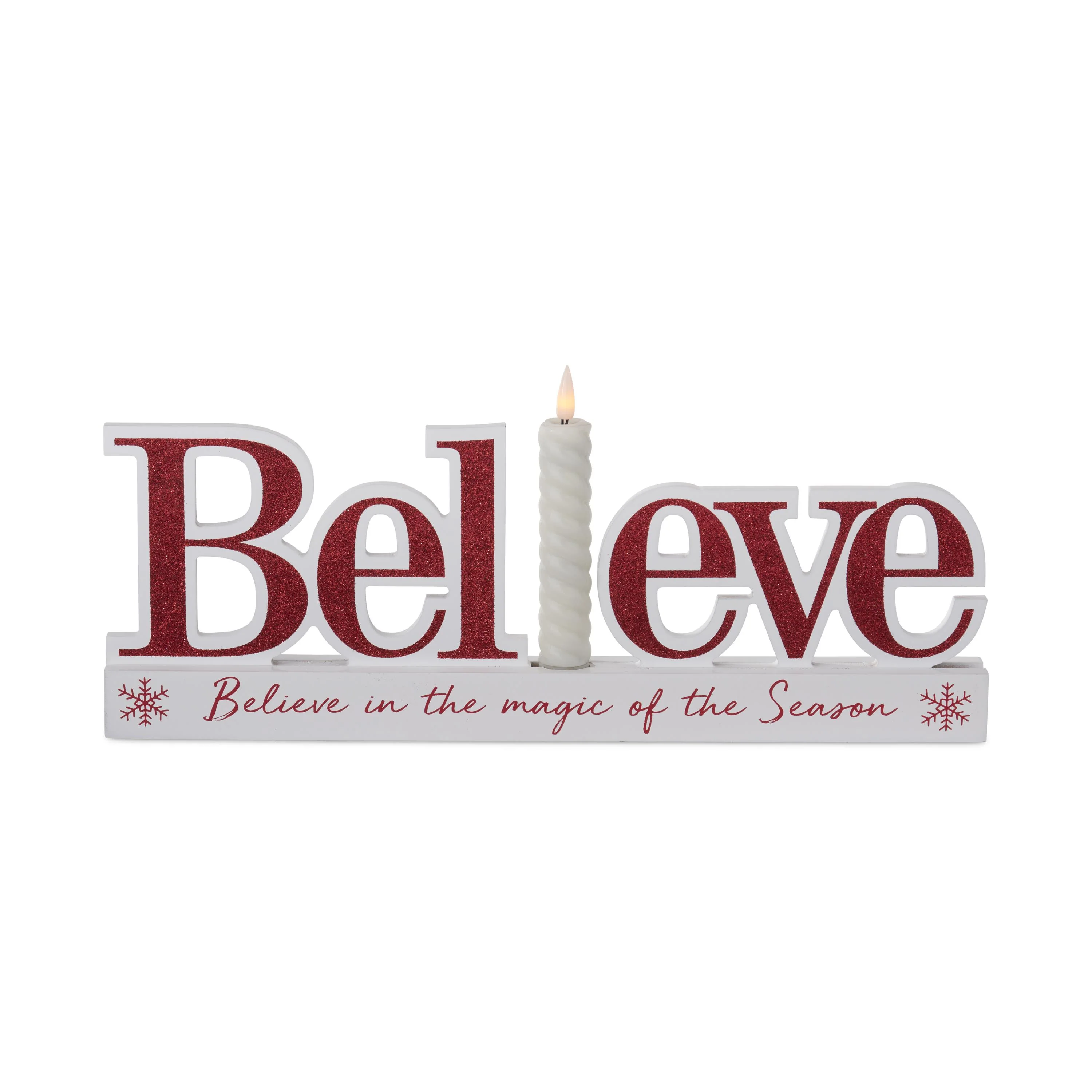 White & Red Christmas Message Believe Cutout w/ LED Candle, 15"
