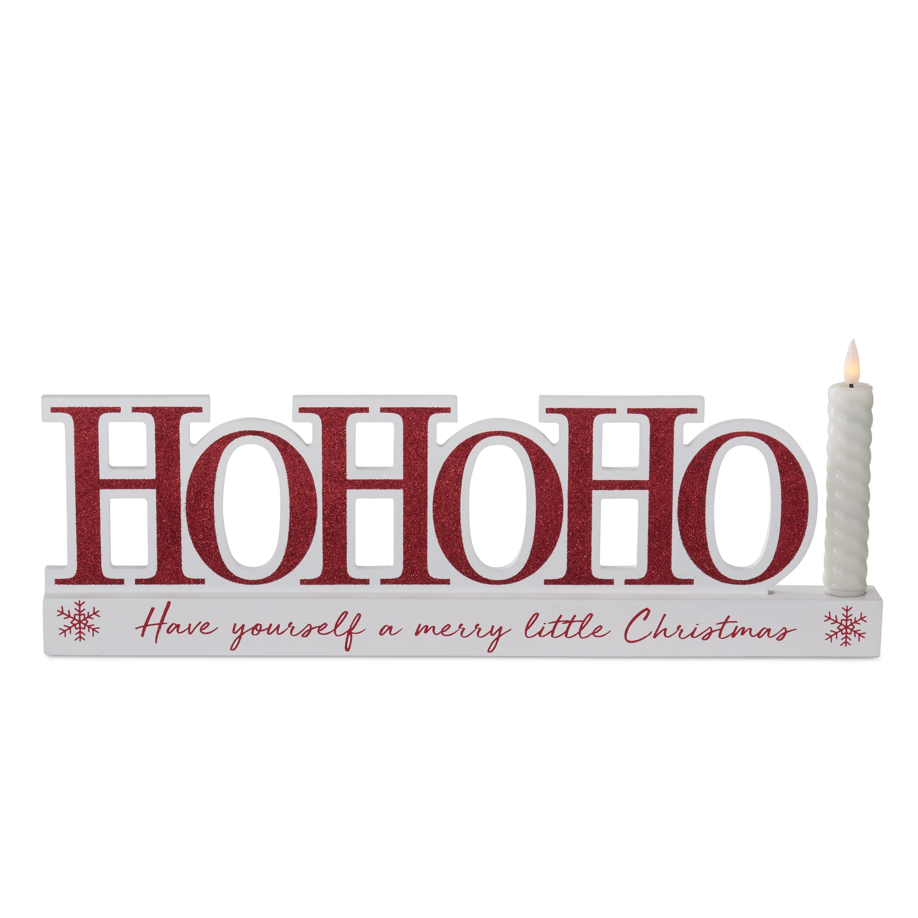 White & Red Christmas Message HoHoHo Cutout w/ LED Candle, 17"