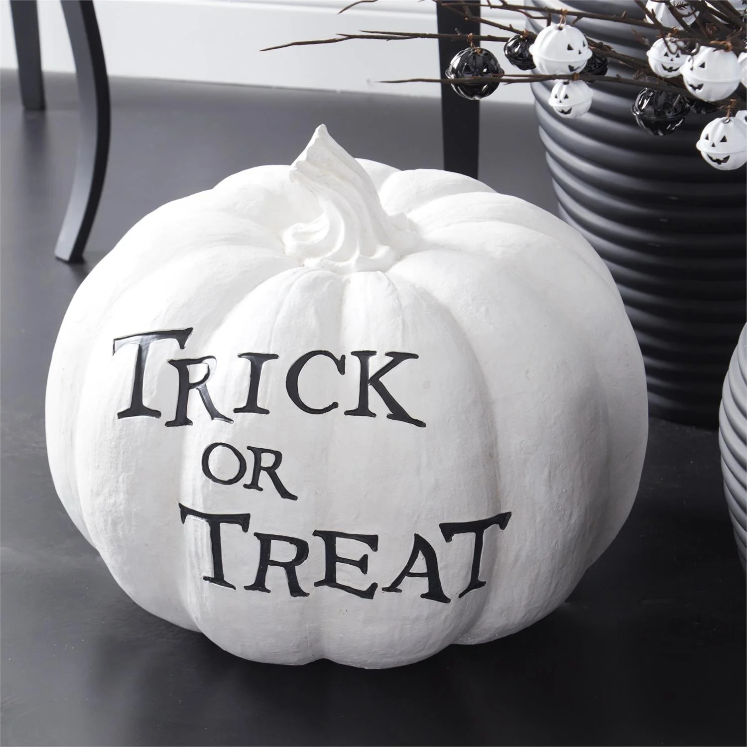 White Resin Trick Or Treat Pumpkin, 15.25" - Image 2