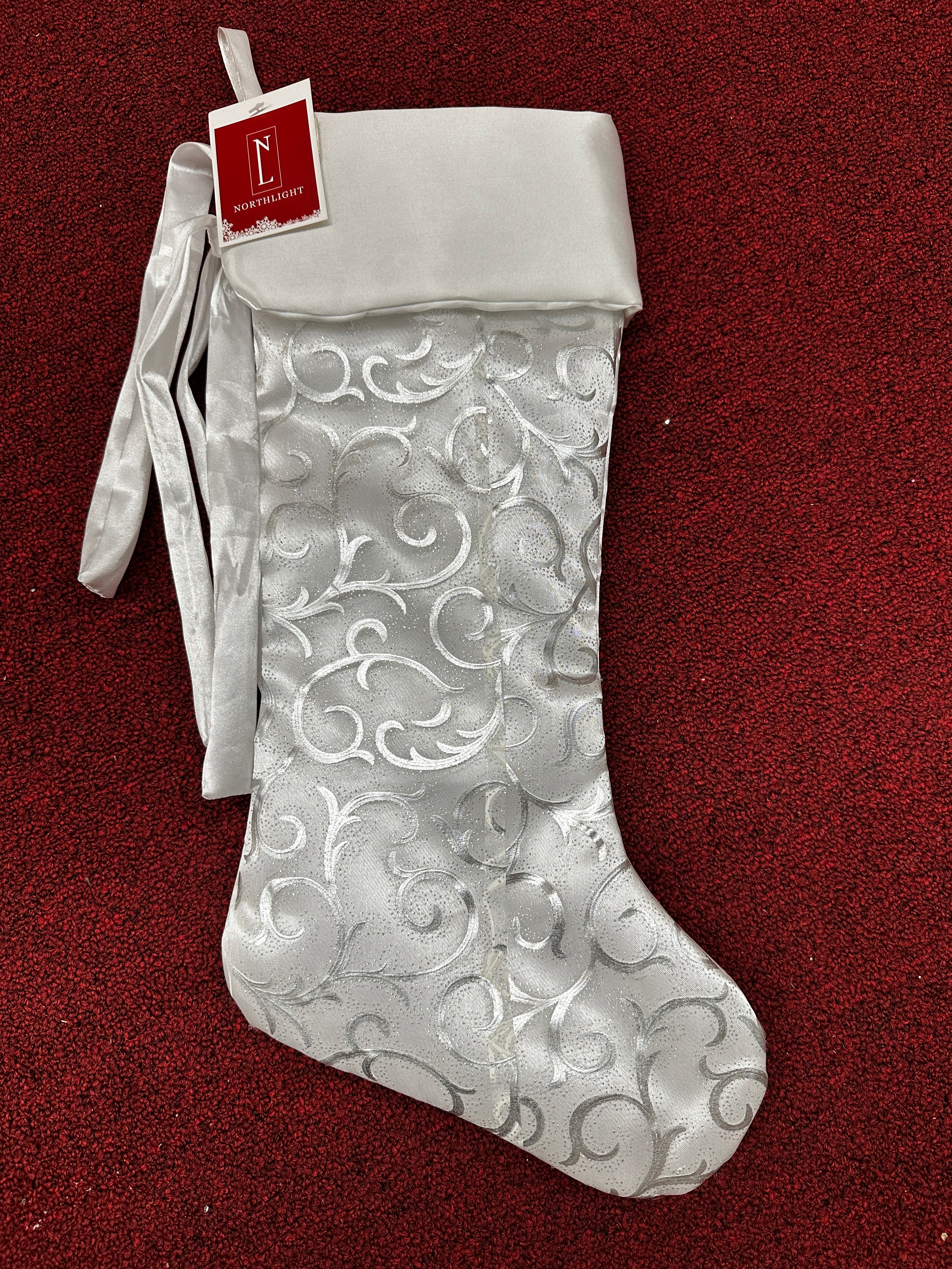 White Satin Glitter Stocking, 20.5"