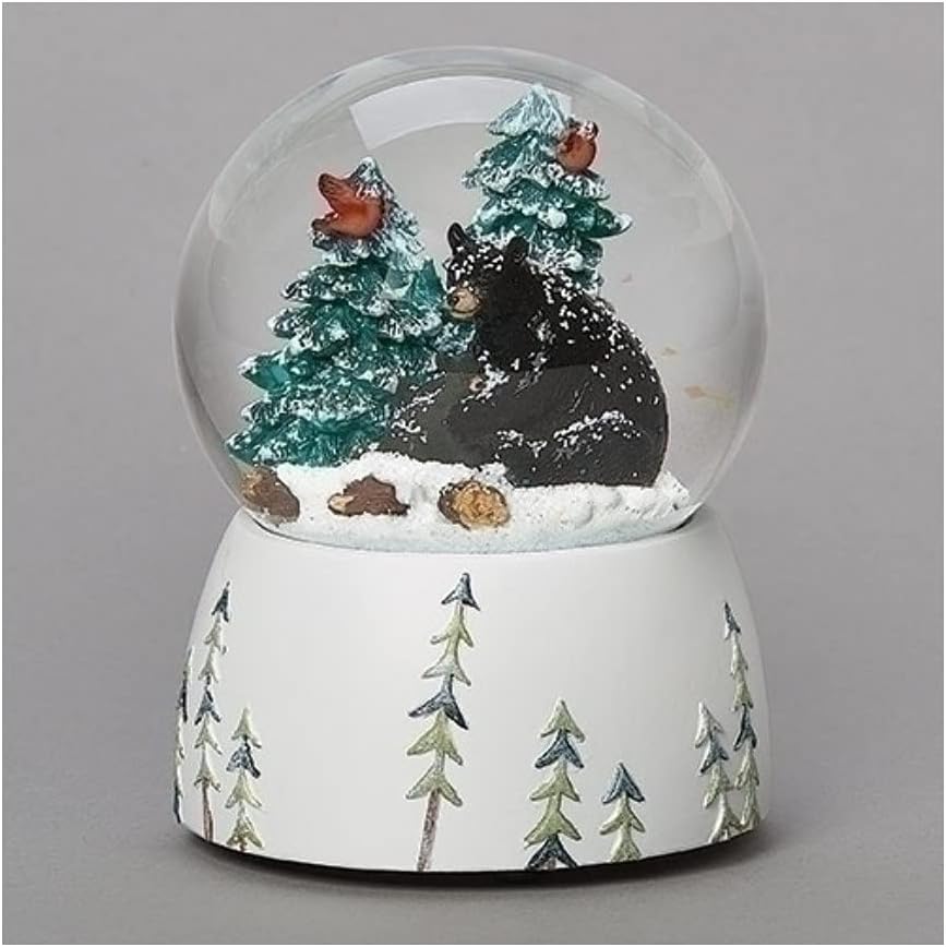 Wind-Up Musical Black Bear W/ Cub and Cardinals Snow Globe, 5.75"