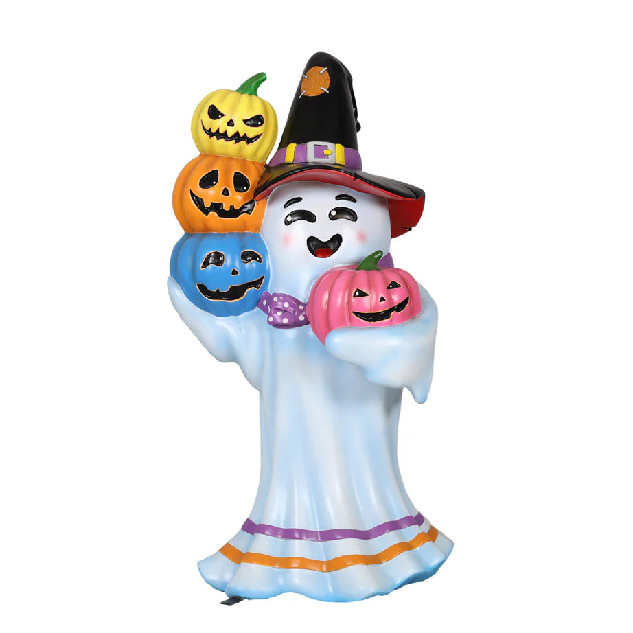 Large Fiberglass Witch Ghost Holding Pumpkins Figure, 43" - Image 3