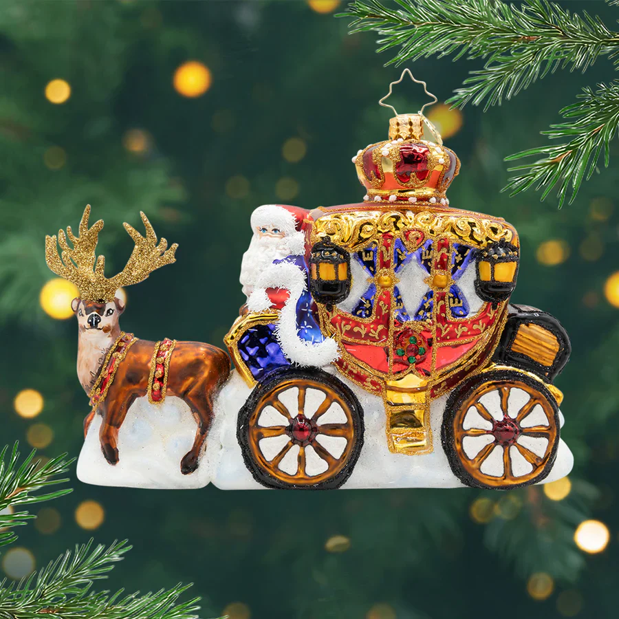 Yuletide Carriage Ride Santa Glass Ornament, 5"